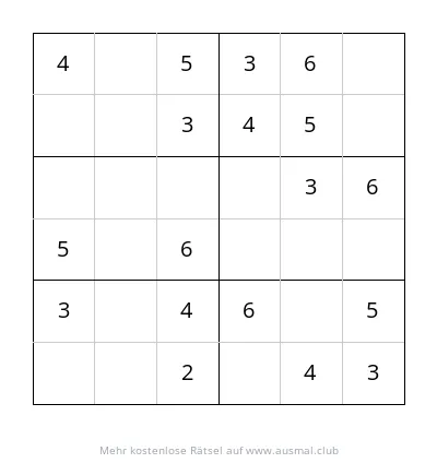 Sudoku 6x6, leicht, für Kinder im Alter von 4-6 Jahren, leeres Rätsel zum Ausdrucken.