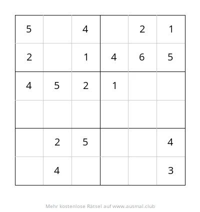 Sudoku 6x6 für Kinder, Schwierigkeitsgrad leicht. Leeres Sudoku-Feld zum Ausfüllen mit Zahlen.
