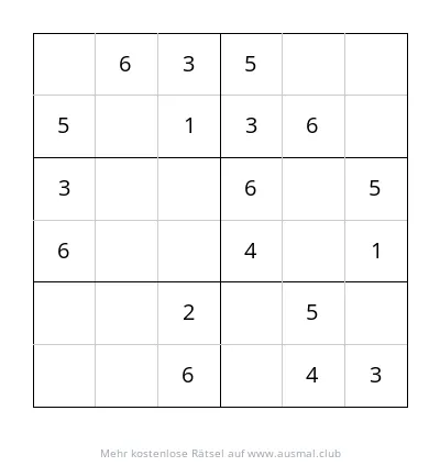 Sudoku 6x6 Rätsel, leicht, für Kinder von 4 bis 6 Jahren. Leeres Raster mit Zahlen teilweise vorgegeben.