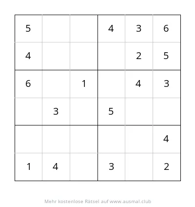 Sudoku 6x6, leicht, für Kinder im Alter von 4-6 Jahren. Leeres Sudoku-Gitter mit einigen vorgegebenen Zahlen.