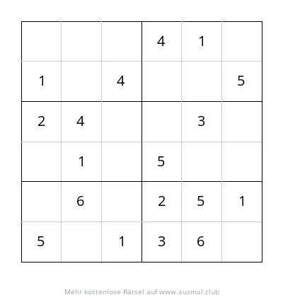 Ein 6x6 Sudoku Rätsel mit leeren Feldern zum Ausfüllen, geeignet für Kinder im Alter von 4 bis 6 Jahren.