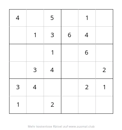 Sudoku 6x6 mit leichtem Schwierigkeitsgrad für Kinder im Vorschulalter, mit Illustrationen von Tieren.
