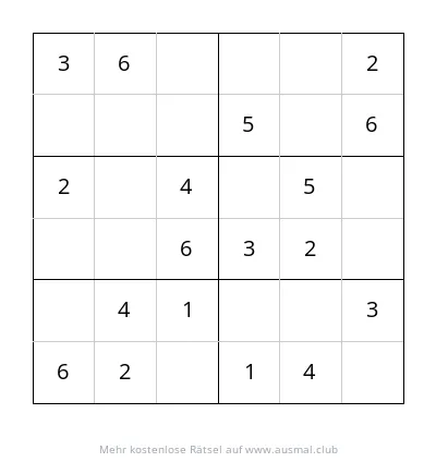 6x6 Sudoku Rätsel für Kinder, leicht, mit leerem Gitter zum Ausfüllen.