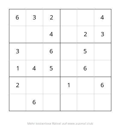 Sudoku 6x6 mit Tieren, Schwierigkeitsgrad leicht, geeignet für Kinder im Vorschulalter.