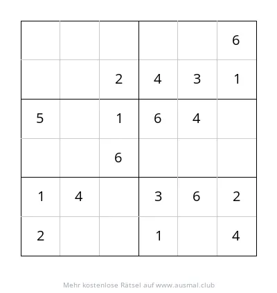 Ein 6x6 Sudoku Rätsel für Kinder, Schwierigkeitsgrad leicht.