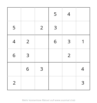 Sudoku 6x6 mit kindgerechten Tiermotiven, Schwierigkeitsgrad leicht.