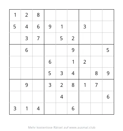 Sudoku 9x9 mit leichten Schwierigkeitsgrad für Kinder von 4 bis 6 Jahren, mit wenigen vorgegebenen Zahlen.