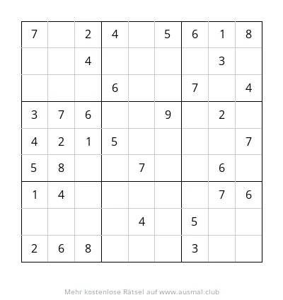 Sudoku 9x9 für Kinder, Schwierigkeitsgrad leicht, leere Felder zum Ausfüllen mit den Zahlen 1 bis 9.