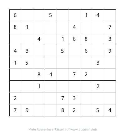 Ein leichtes 9x9 Sudoku-Rätsel für Kinder, bei dem die Zahlen 1 bis 9 in jeder Zeile, Spalte und jedem 3x3-Block vorkommen müssen.