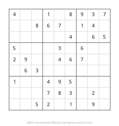 Sudoku 9x9 Rätsel für Kinder, Schwierigkeitsgrad leicht. Zahlen von 1 bis 9 sind in einem 9x9 Raster anzuordnen.