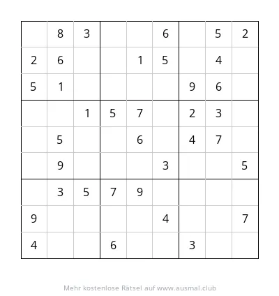 Sudoku 9x9 Rätsel für Kinder, Schwierigkeitsgrad leicht, Zahlen von 1 bis 9 in einem Raster.