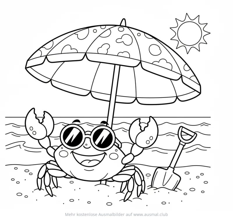 Krebs mit Sonnenbrille unter Sonnenschirm am Strand Ausmalbild