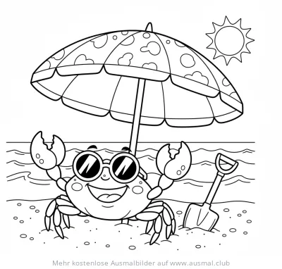 Krebs mit Sonnenbrille unter Sonnenschirm am Strand Ausmalbild
