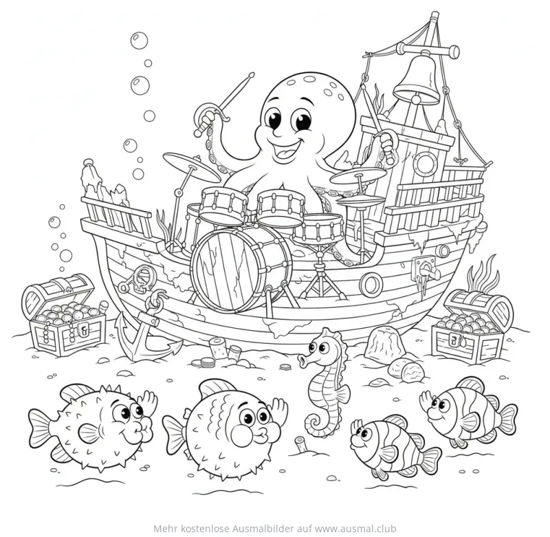 Oktopus spielt Schlagzeug auf Schiffswrack, umgeben von Fischen und Seepferdchen Ausmalbild