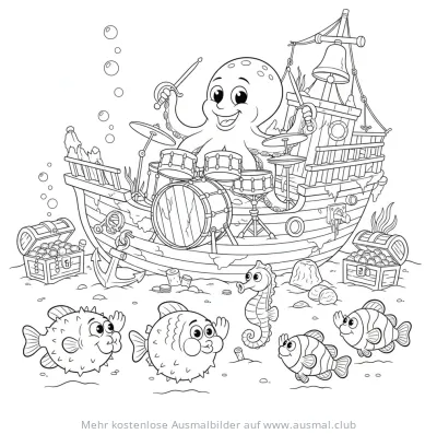 Oktopus spielt Schlagzeug auf Schiffswrack, umgeben von Fischen und Seepferdchen Ausmalbild