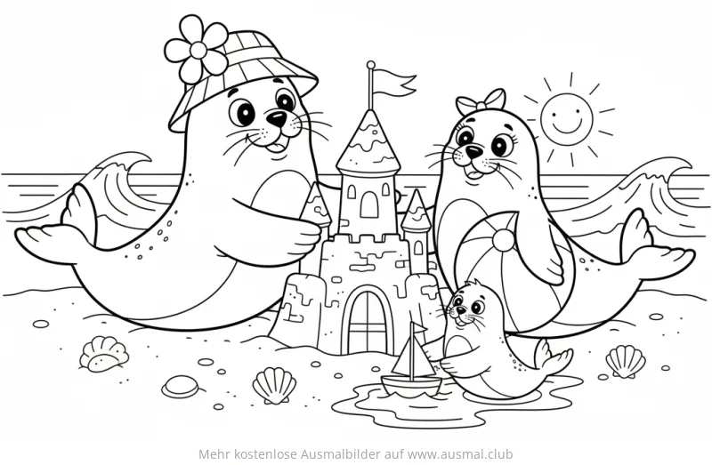 Seehund Familie mit Sandburg und Segelboot Ausmalbild