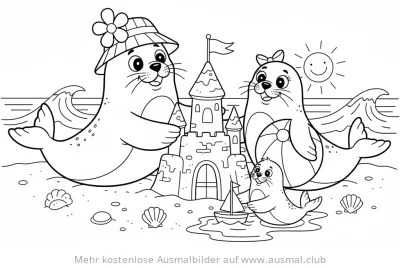 Seehund Familie mit Sandburg und Segelboot Ausmalbild