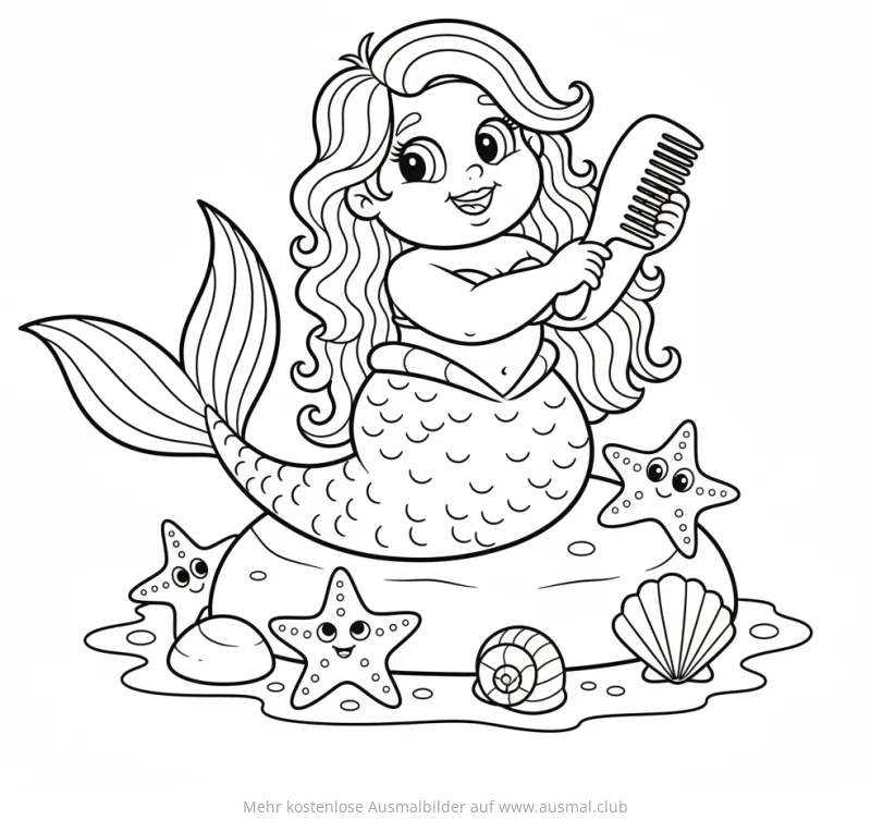 Meerjungfrau kämmt sich Ausmalbild mit Seesternen und Muscheln