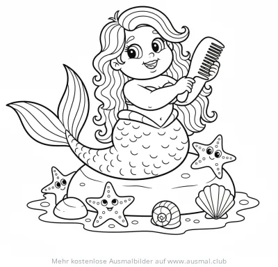 Meerjungfrau kämmt sich Ausmalbild mit Seesternen und Muscheln