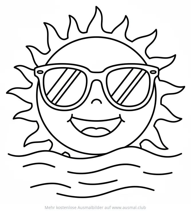 Sonne mit Sonnenbrille über dem Meer Ausmalbild