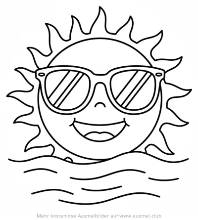 Sonne mit Sonnenbrille über dem Meer Ausmalbild