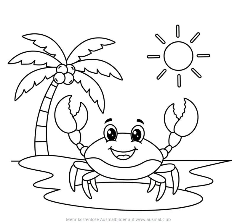 Krabbe am Strand Ausmalbild mit Palme und Sonne