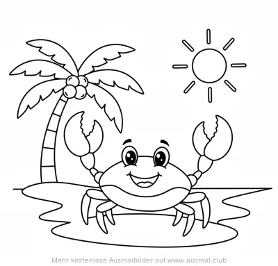 Krabbe am Strand Ausmalbild mit Palme und Sonne