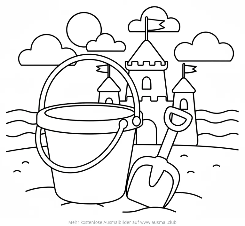 Eimer und Schaufel vor Sandburg am Strand Ausmalbild