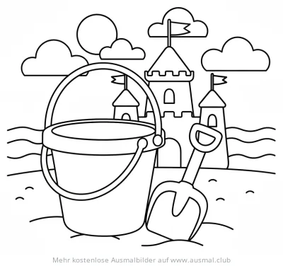 Eimer und Schaufel vor Sandburg am Strand Ausmalbild