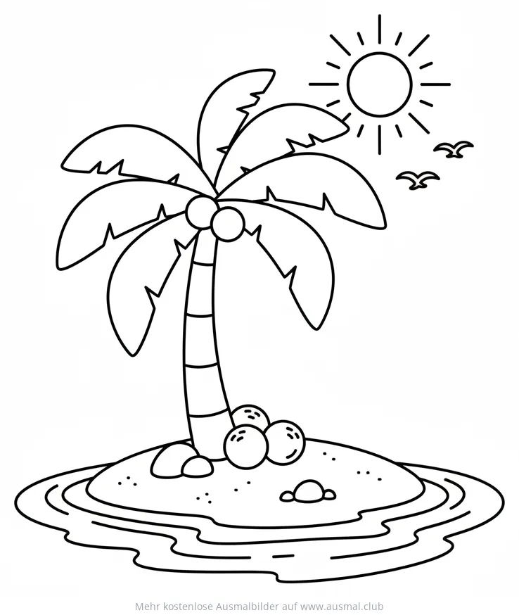 Palme auf Insel Ausmalbild mit Meer und Sonne