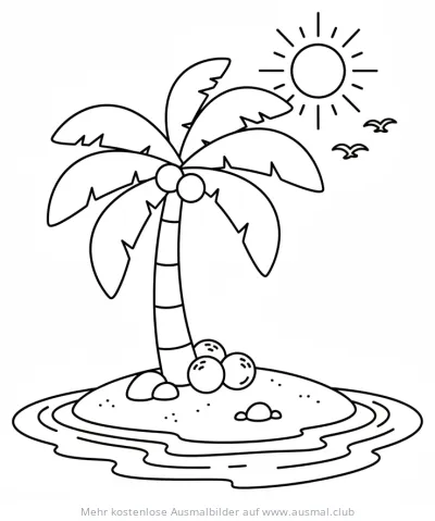 Palme auf Insel Ausmalbild mit Meer und Sonne