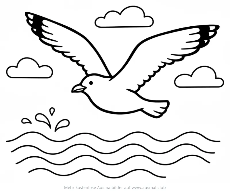 Möwe fliegt über das Meer Ausmalbild