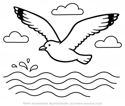 Möwe fliegt über das Meer Ausmalbild