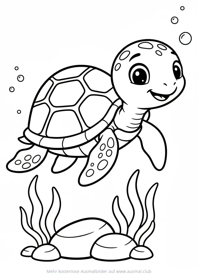 Freundliche Meeresschildkröte schwimmt zwischen Wasserpflanzen und Steinen Ausmalbild