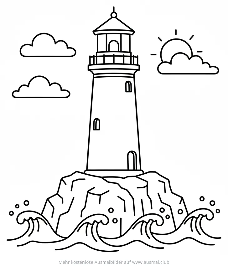 Leuchtturm auf Felsen im Meer Ausmalbild