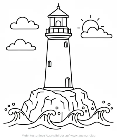 Leuchtturm auf Felsen im Meer Ausmalbild