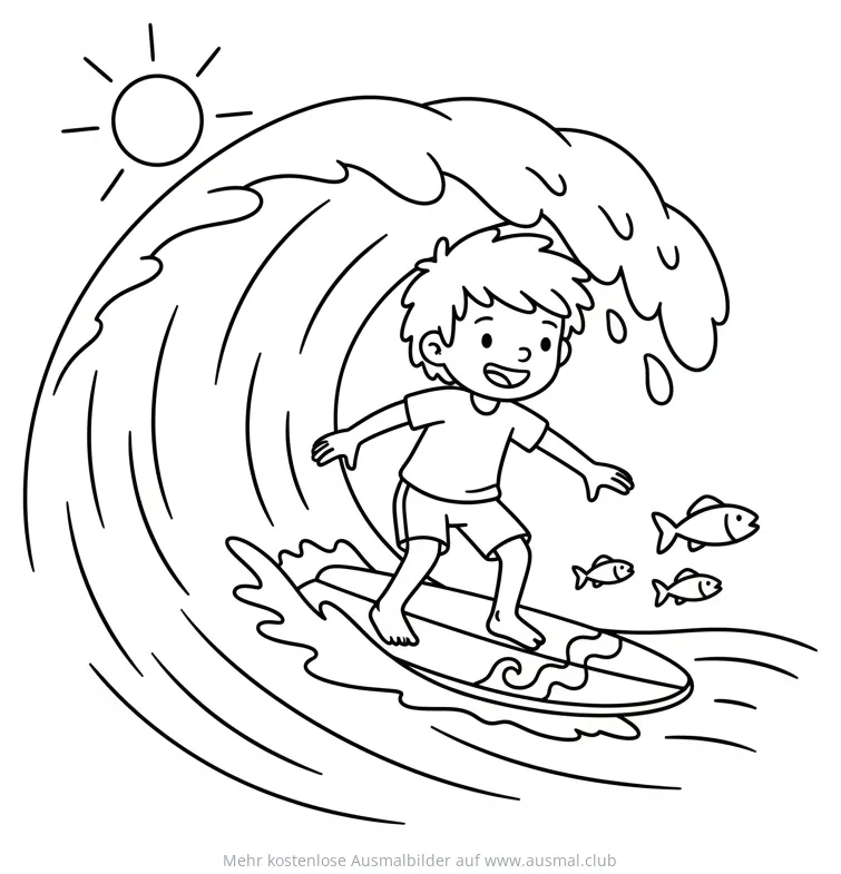 Fröhlicher Junge surft auf einer Welle Ausmalbild