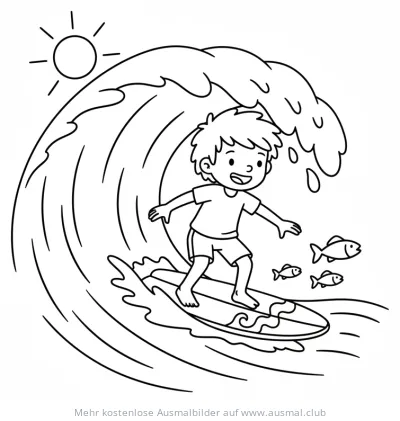 Fröhlicher Junge surft auf einer Welle Ausmalbild