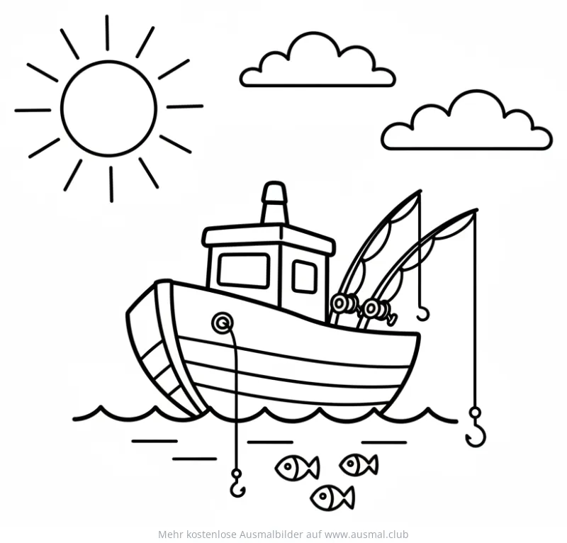 Fischerboot mit Angeln und Fischen Ausmalbild