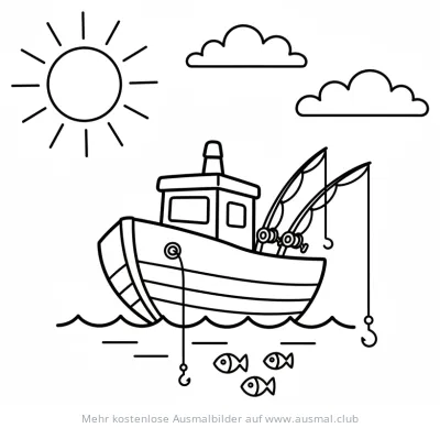 Fischerboot mit Angeln und Fischen Ausmalbild