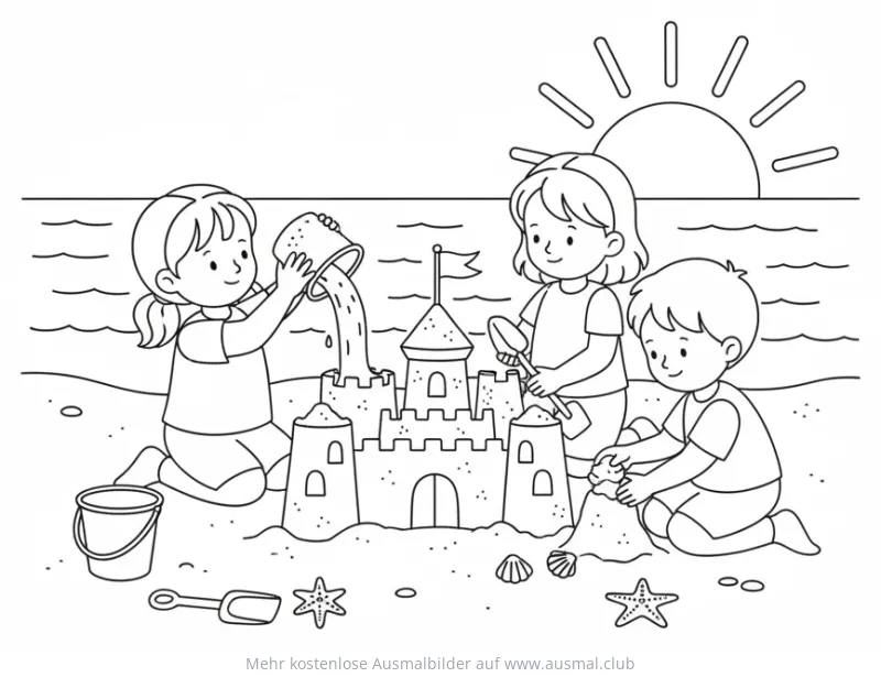 Sandburg mit spielenden Kindern am Strand Ausmalbild
