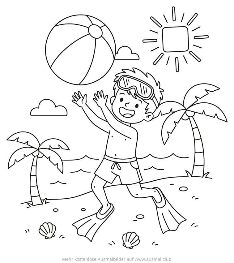 Badejunge mit Taucherbrille, Flossen und Ball am Strand Ausmalbild