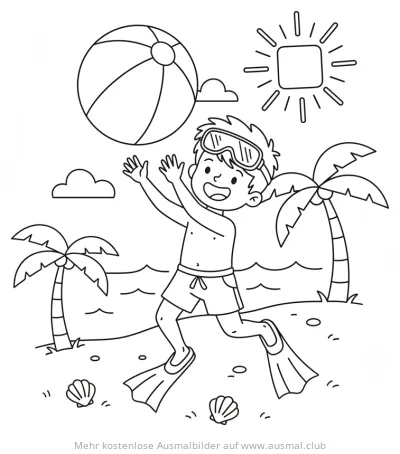 Badejunge mit Taucherbrille, Flossen und Ball am Strand Ausmalbild