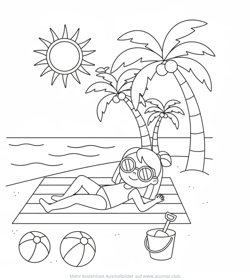 Mädchen liegt am Strand unter Palmen Ausmalbild