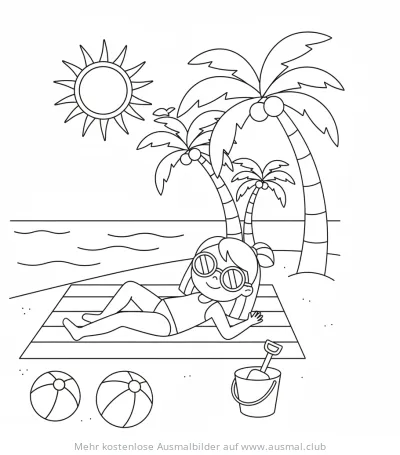 Mädchen liegt am Strand unter Palmen Ausmalbild