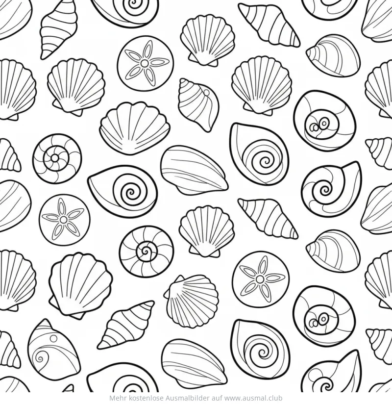 Muschelmuster Ausmalbild mit verschiedenen Muschelarten und Seesternen