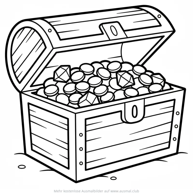 Offene Schatztruhe voller Goldmünzen und Edelsteine Ausmalbild