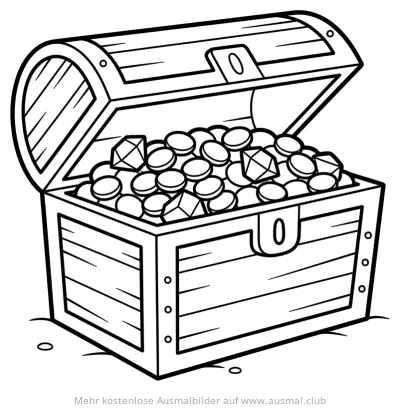 Offene Schatztruhe voller Goldmünzen und Edelsteine Ausmalbild