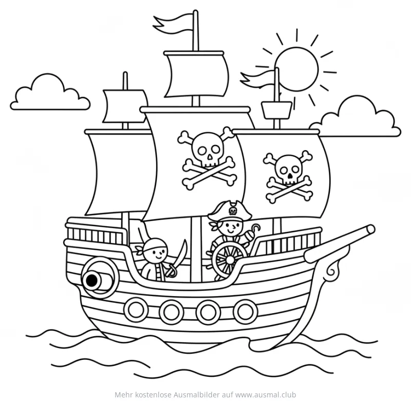 Piratenschiff Ausmalbild mit zwei Piraten