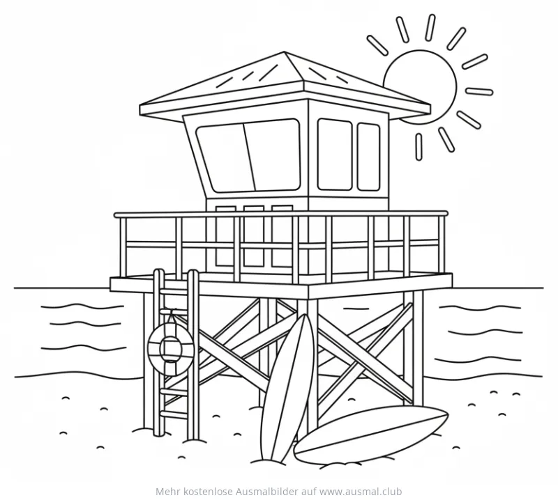 Rettungsturm mit Surfbrettern am Strand Ausmalbild